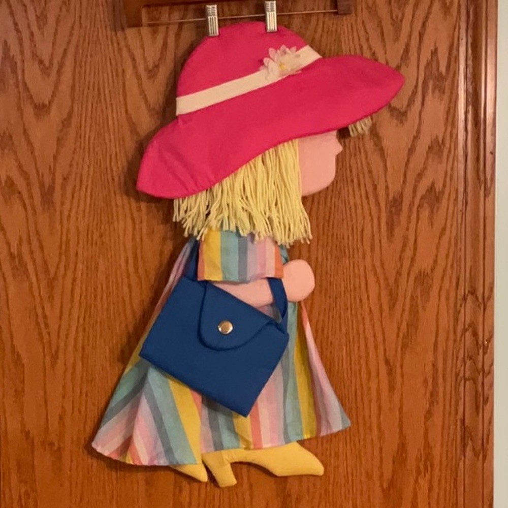 Wooltex Int’l Fabric Girl Wall Hanging w/Yarn Hair, Widebrim Hat, Purse, Heels